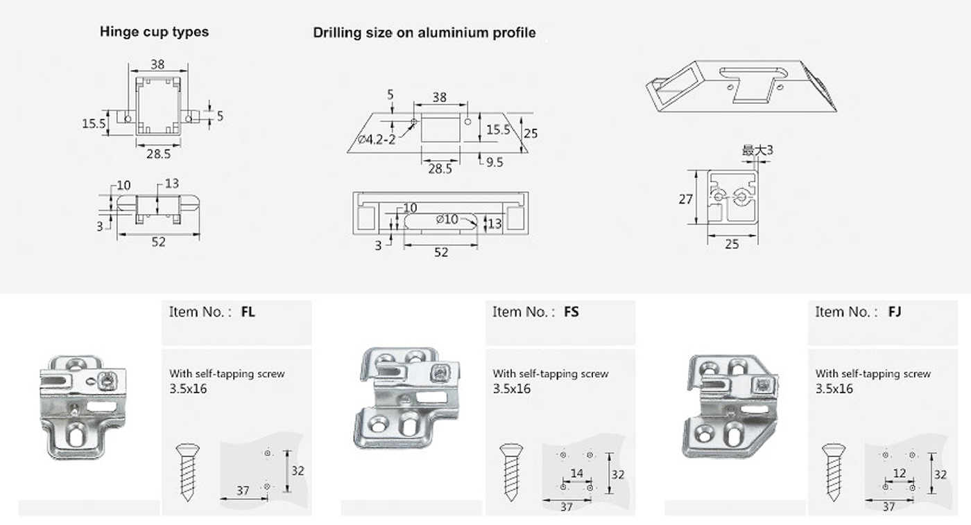 Aluminum frame door hinge cups & mounting base