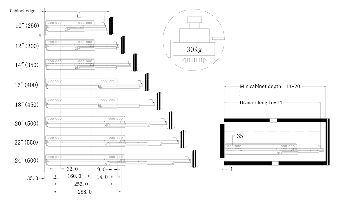 concealed drawer slide size