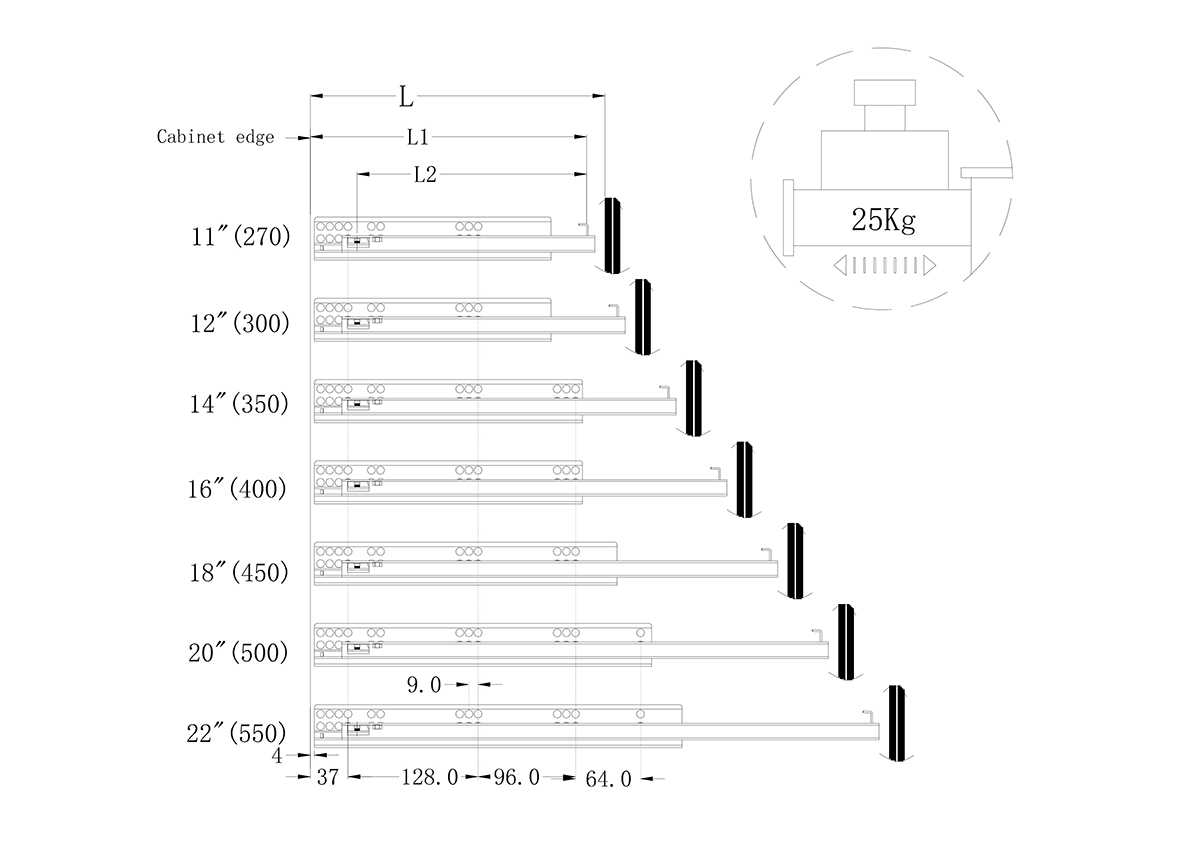 undermount drawer slide size