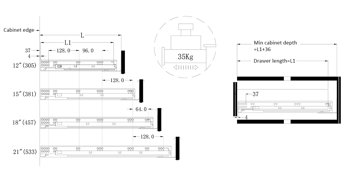 undermount drawer slide size